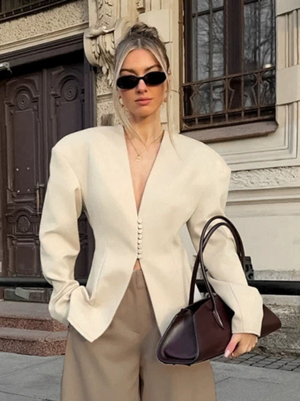 Zara Fall Waist Cinching Long Sleeve Beige Casual Blazer Cardigan